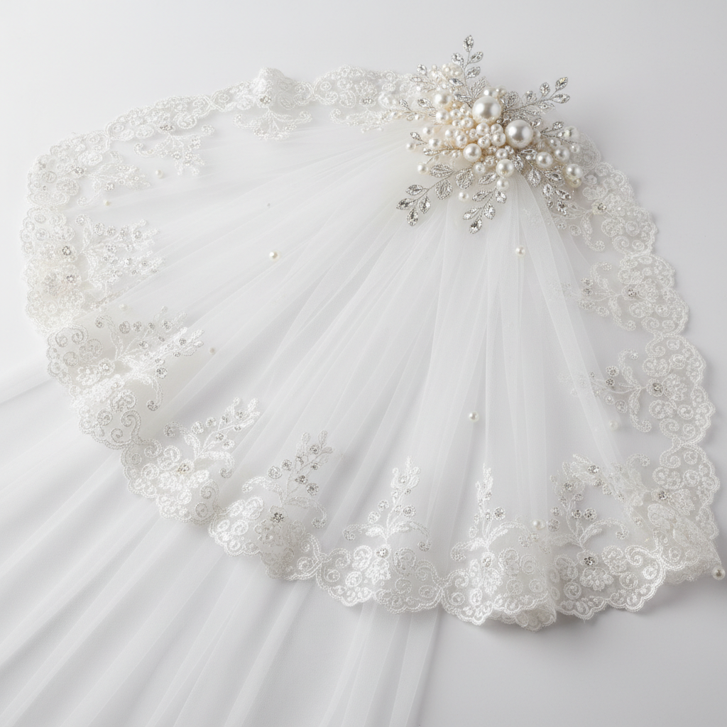 Romantic bridal veil with lace trim and pearl accessories
