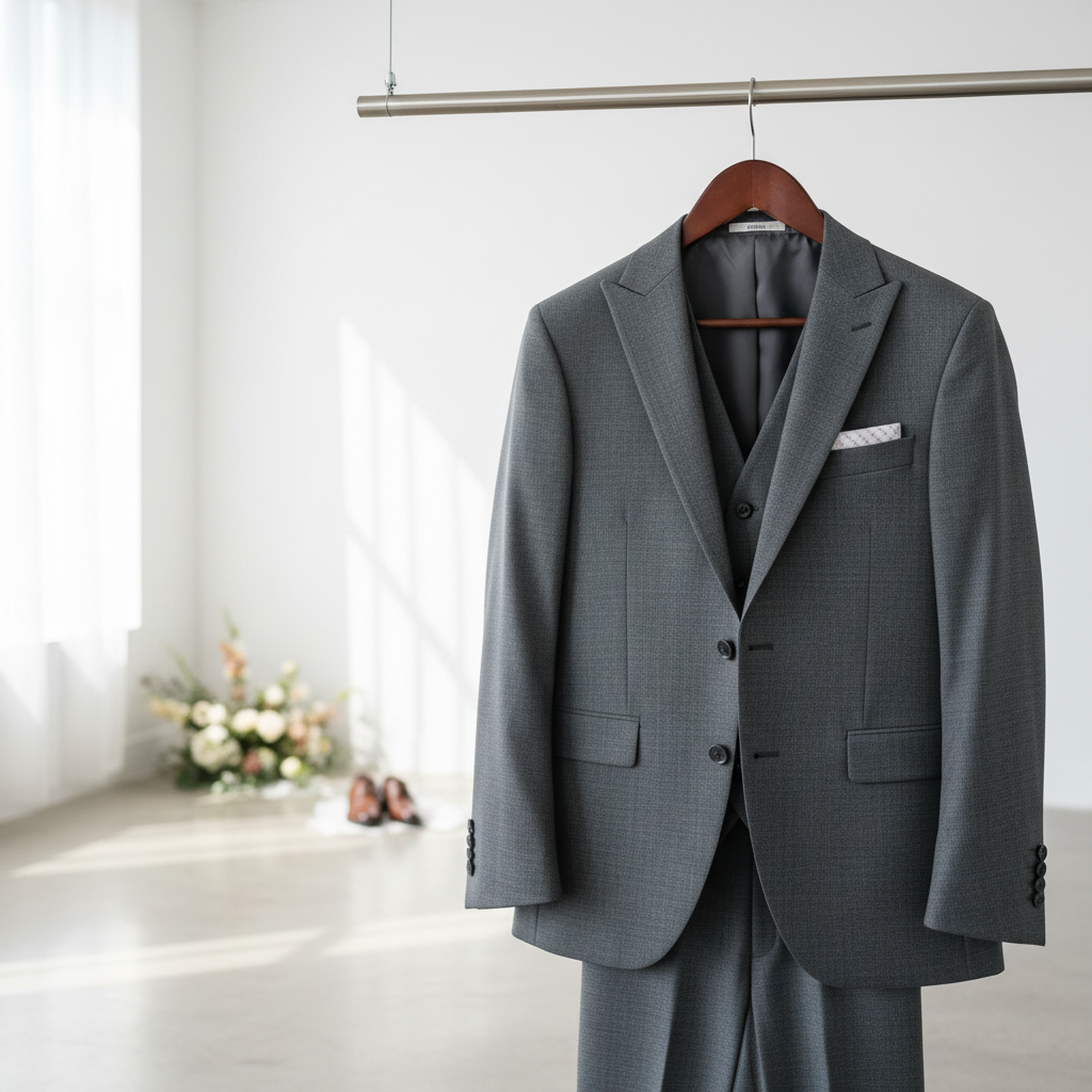 Elegant slim fit groomsmen suit on a hanger