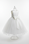 White tulle flower girl dress with satin bow