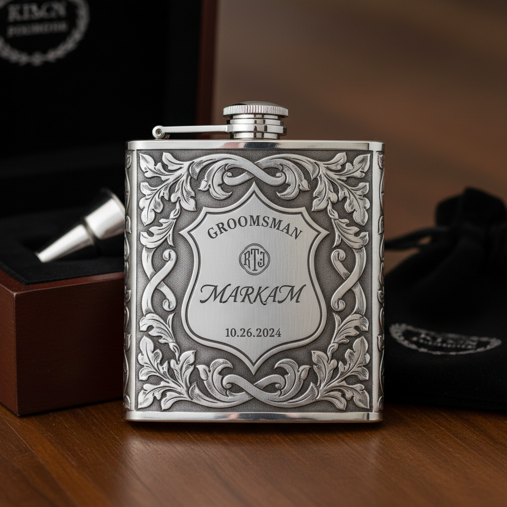 Engraved silver groomsmen flask