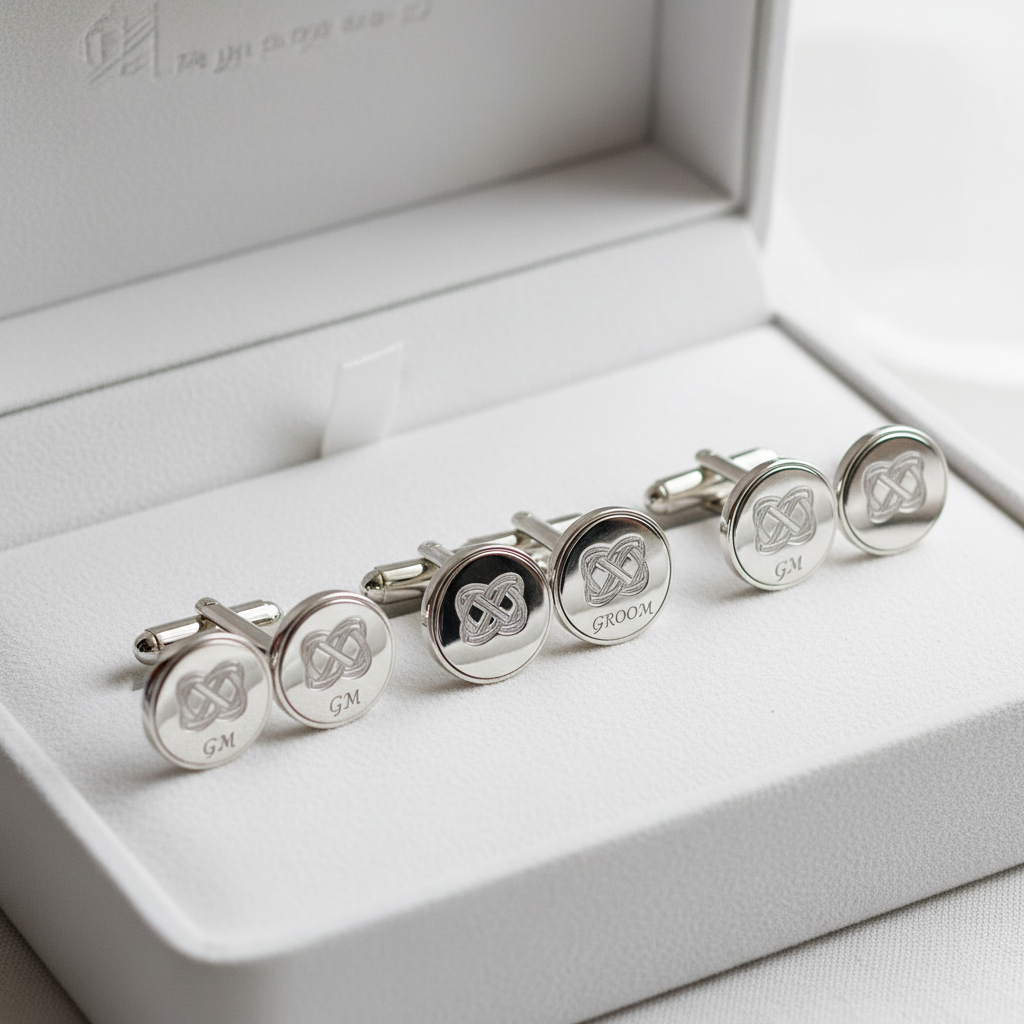 Elegant silver wedding cufflinks in a gift box